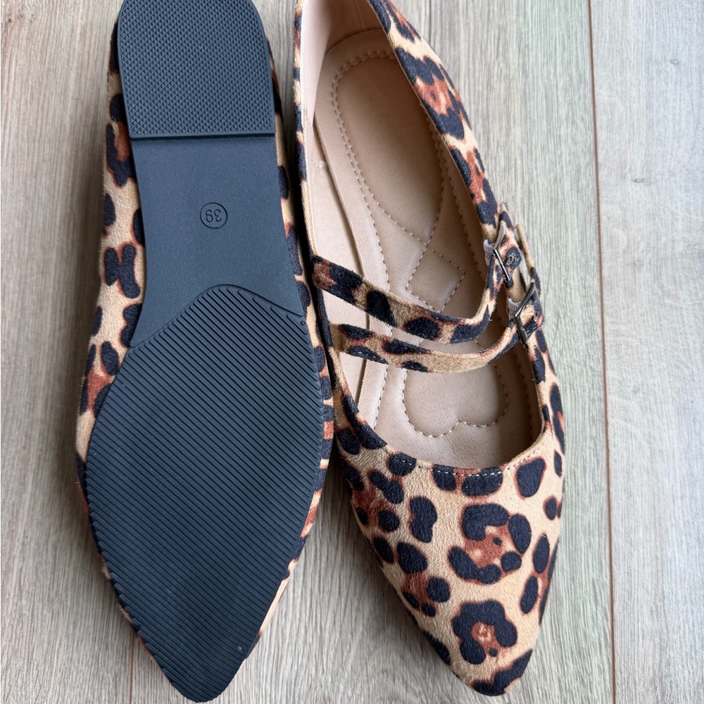 Ballet Flats Leopard Print Double-Strap Pointed Toe Flats - Brown size 8.5 (39) - Picture 3 of 3